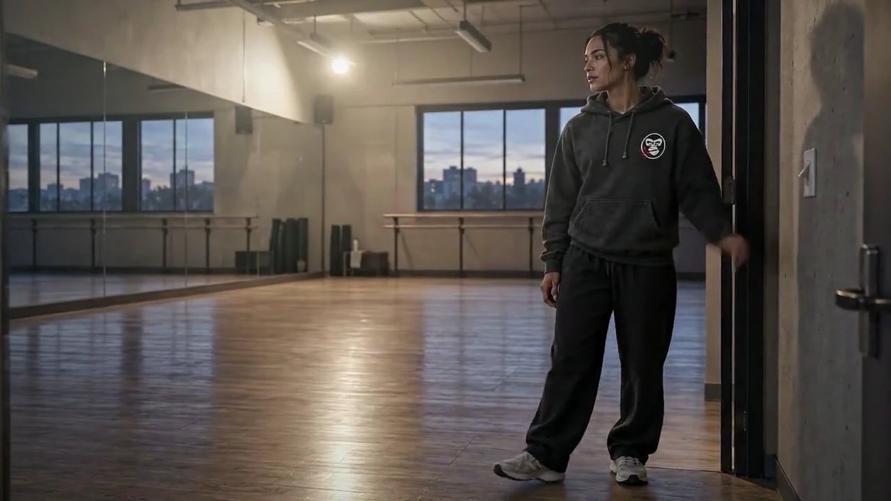 GC campaign concept: an adult dancer in a charcoal gorilla-mark hoodie lighting an empty studio