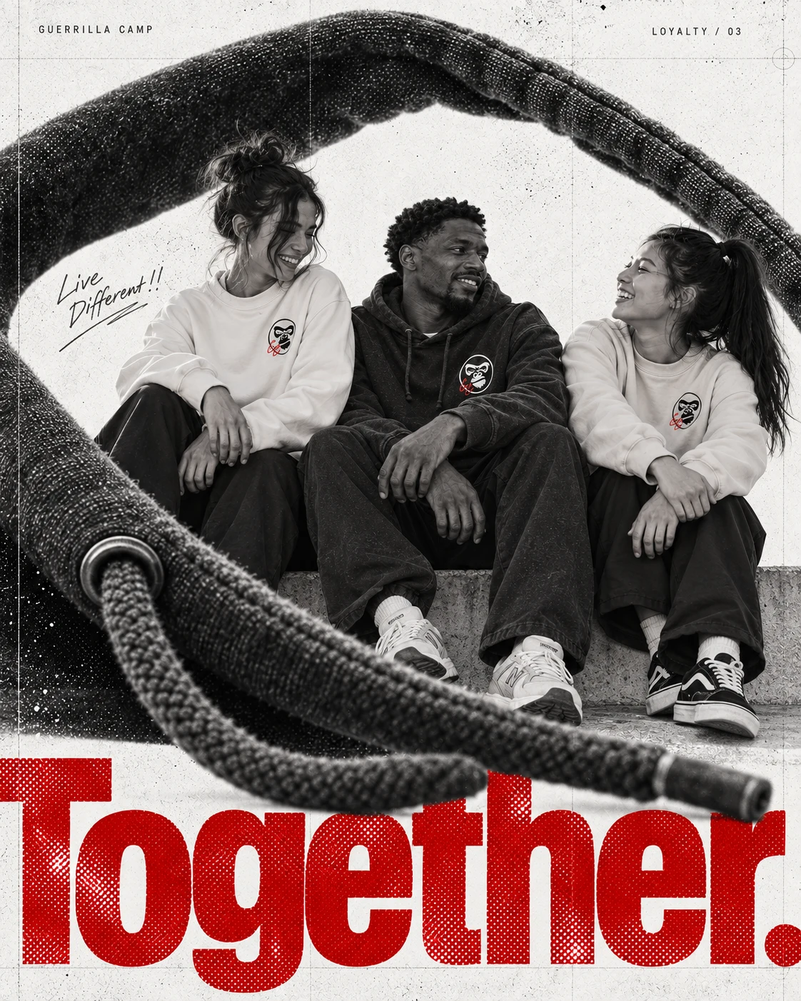 Three adult friends in GC clothing, surrounded by a photographic hood collage and red Together typography.